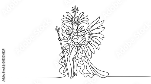 Schilderij op canvas Carnival Dancer Line Art: Woman in Elaborate Costume with Feathered Headdress an