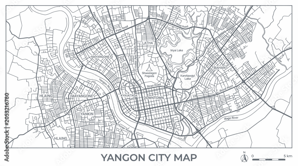 Obraz premium Yangon City Map, Myanmar - Detailed Street Grid and River Navigation