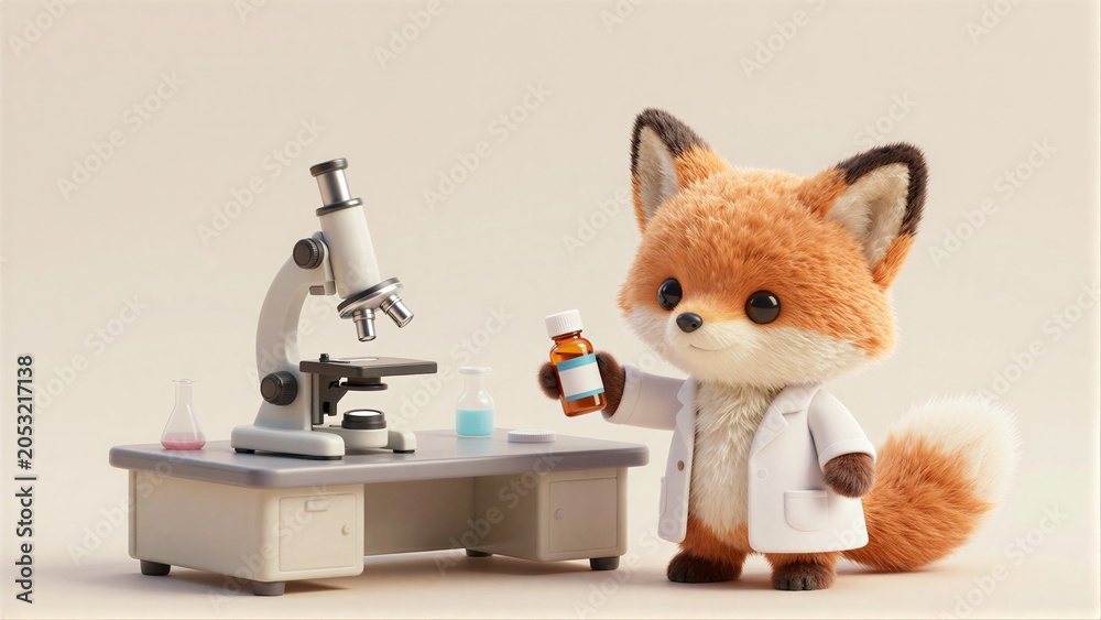 Fototapeta premium Little fox scientist holds bottle stands beside microscope in lab