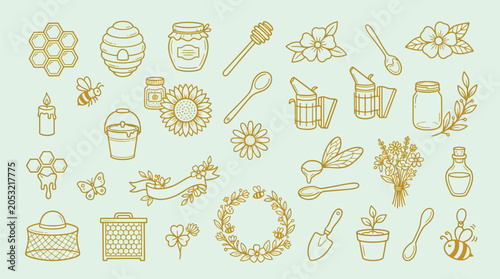 Schilderij op canvas Collection of hand-drawn honey bee and beekeeping related icons and illustrations on a light green background