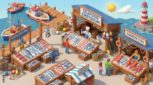 Bustling seafood market at a vibrant harbor