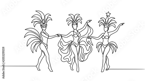 Fényképezés Three Carnival Dancers with Feathers and Beads - Continuous Line Art