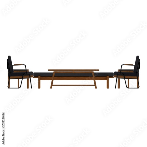 Front view of teak living room set with sofa, chair, coffee table, and side tables highlighting warm wood character.