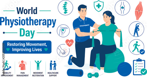 World Physiotherapy Day flat vector illustration featuring a physiotherapist assisting a patient with rehabilitation exercises