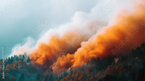 Majestic Orange and White Clouds Rolling Over Autumn Forest Landscape at Dawn with Misty Valleys and Vibrant Fall Foliage Surrounding Mountain Peaks