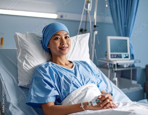 Portrait of an Asian woman in a hospital bed, wearing a headscarf, looking at the camera with a gentle smile