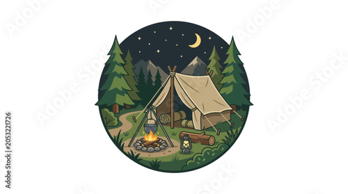 Photos Night Camping Scene: Tent, Campfire, Forest, Mountains, Stars