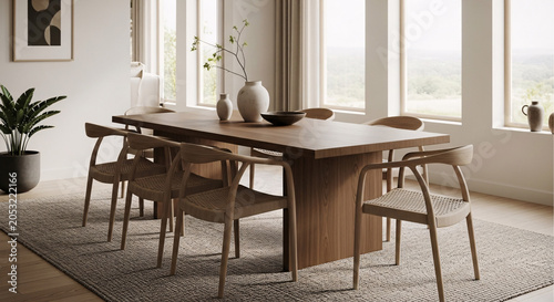 Minimalist dining room interior with wooden table, woven chairs, and landscape window view, 3D rendering