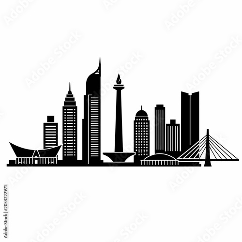 Schilderij op canvas Black silhouette of Jakarta city skyline landmark buildings.