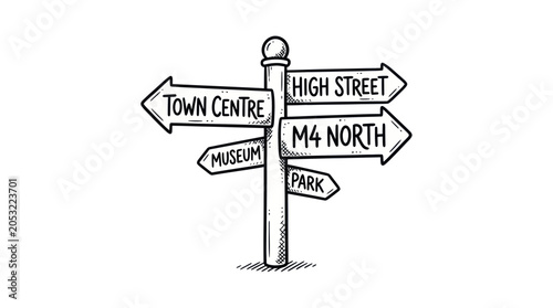 Hand Drawn Signpost with Arrows Pointing to Town Centre, High Street, Museum, Park, M4 North