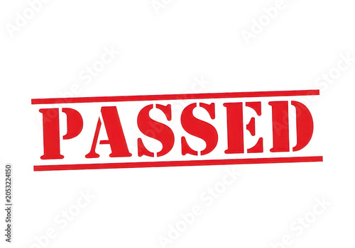 Red stamp marking passed with bold white lettering isolated on transparent background