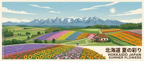 Panel kuchenny z motywem Scenic Hokkaido Japan summer flower fields and mountain landscape illustration in vintage travel poster style