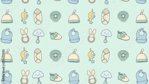 Animation seamless pattern featuring various illustrated baby accessories like bibs, shoes, rattles and pacifiers for kids