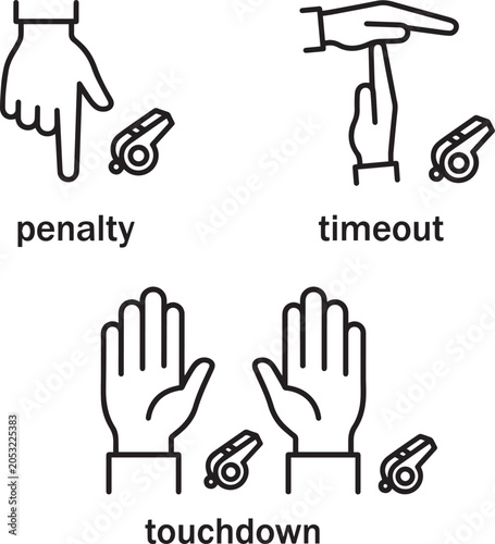 American football referee hand signals with whistles