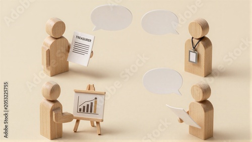 Wooden figures discuss finances charts and documents in a minimalist