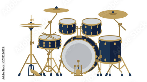 Photos Drum set with cymbals and stands.