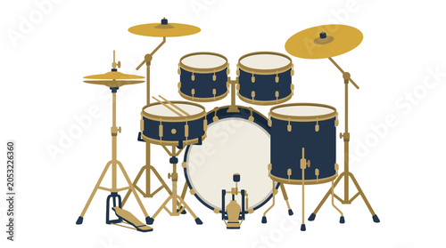 Photos Drum set with cymbals and stands.