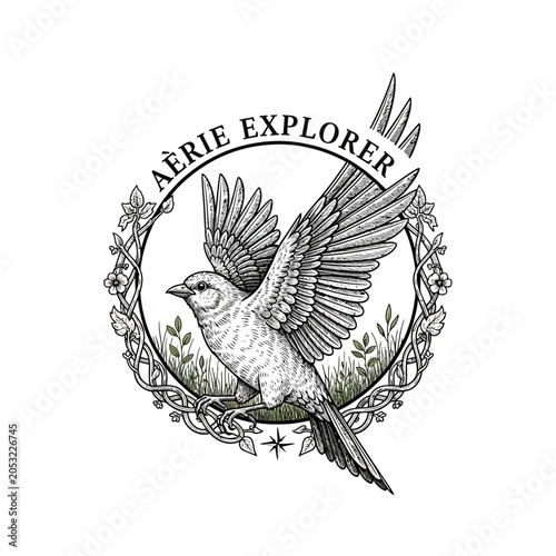 Fotografía Detailed illustration of a bird in flight within a circular floral frame with text