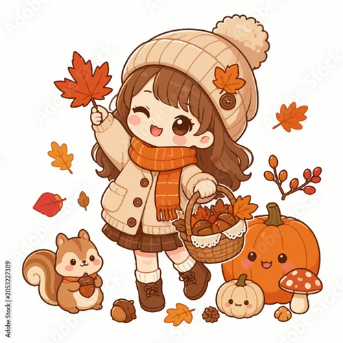 Cuadro en lienzo Chibi girl holding basket and leaf in autumn garden.