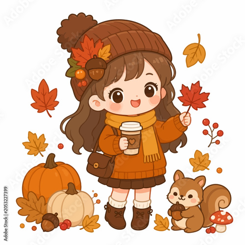 Foto Chibi girl holding coffee with squirrels and pumpkins.