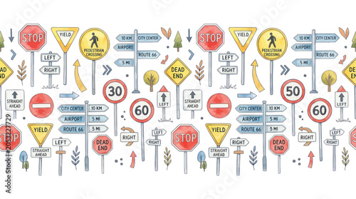 Bild auf Leinwand Collection of Watercolor Traffic Signs and Road Signs