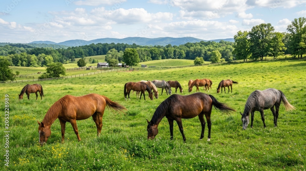 Obraz premium A group of horses graze peacefully in a lush green pasture under a bright blue sky dotted with fluffy white clouds. Rolling hills and distant mountains form the background.