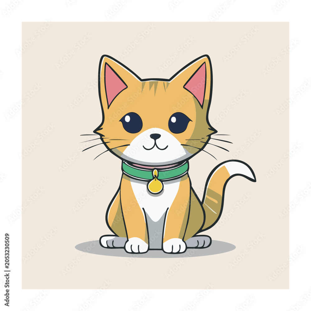 Obraz premium Cute cartoon cat with collar and tag