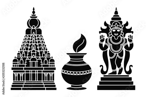 Bild auf Leinwand Indian traditional culture symbols and temple architecture silhouettes set