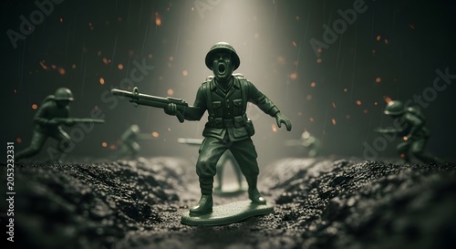 Dramatic scene of toy soldiers in a battlefield setting