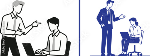 Foto Flat vector illustration of manager instructing employee at laptop and businessm