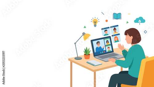 Schilderij op canvas Remote worker participating in a virtual video conference at home desk
