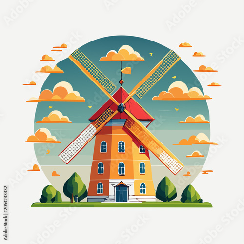 Stylized Windmill Illustration with Orange and Red Accents