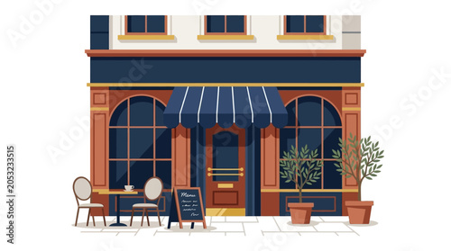 Cafe Restaurant Storefront with Seating.