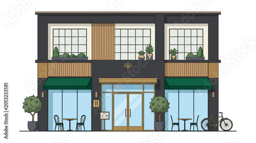 Modern Coffee Shop Storefront Exterior.