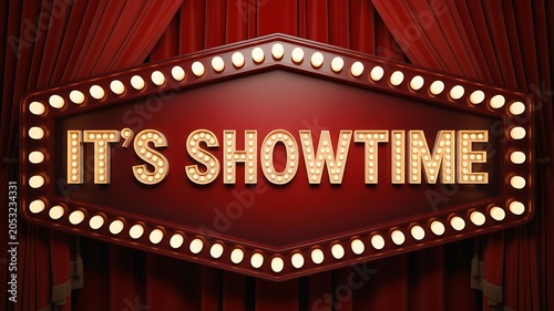 Vintage showtime marquee sign with theater curtains and glowing lights