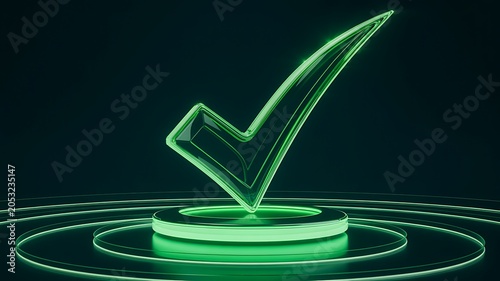Glowing green check mark verification symbol on futuristic podium