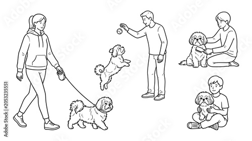 Outline line art of people and shih tzu vector illustration featuring owners walking playing grooming and cuddling with cute pet dog on white background for coloring book.