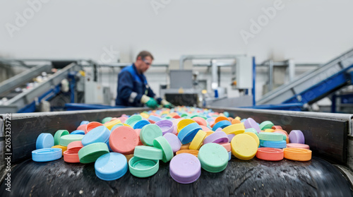 Plastic bottle caps on conveyor belt in recycling factory with worker sorting colorful lids