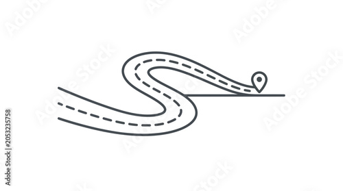 Obraz na płótnie Curved road with destination pin icon, journey concept, white background