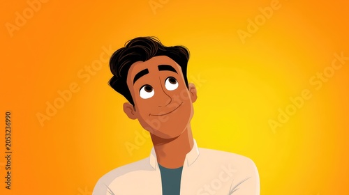 Young man with a friendly expression smiling and looking up against a bright orange background