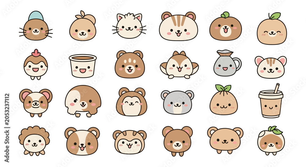Fototapeta premium Set of adorable kawaii animal and object icons with smiling faces featuring bear cat dog hamster and coffee for avatars