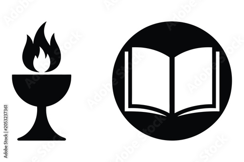 Quadro su tela Education and enlightenment symbols featuring flaming torch and open book icon