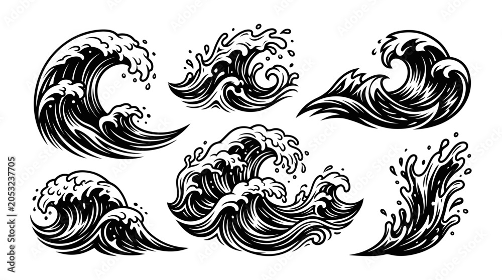Fototapeta premium Set of Black and White Ocean Wave Illustrations, Dynamic Water Splash Art