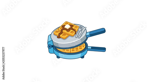 Quadro su tela Illustration of Waffle Maker with Fresh Waffles Syrup and Butter