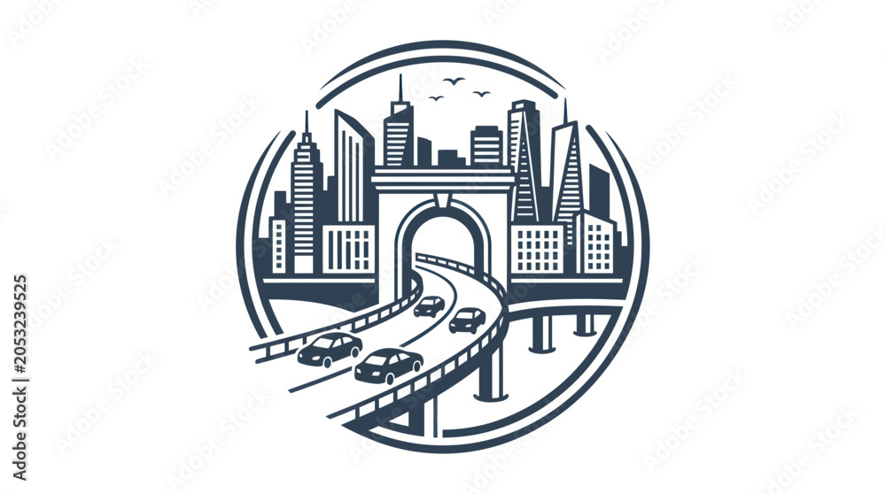Naklejka premium Cityscape with Bridge and Cars, Urban Transportation and Skyline Vector Illustration