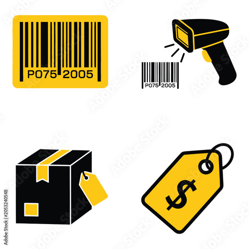 Vector art of collection of retail and ecommerce icons including barcode, scanner, box, and tag