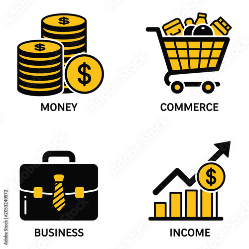 Vector art of four business icons money, commerce, business, and income
