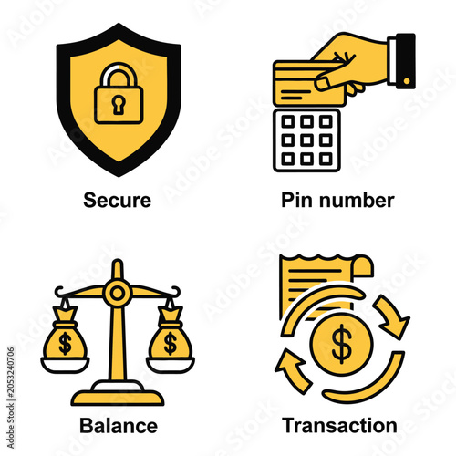 Vector art of financial icons set secure shield, credit card payment, balance scale, and transaction flow