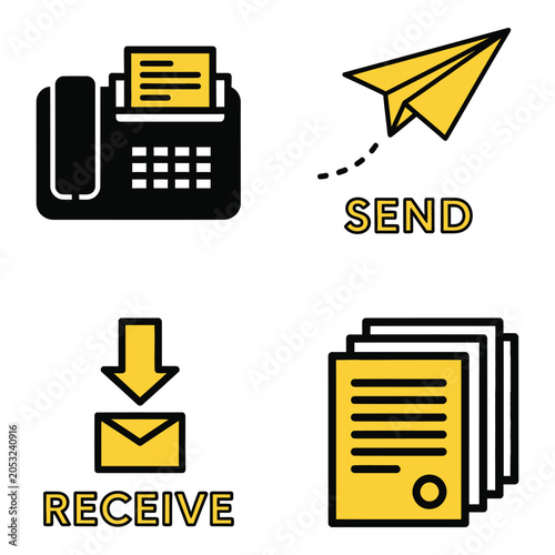 Vector art of four flat design icons illustrating fax machine, sending a paper airplane, receiving mail, and stack of documents