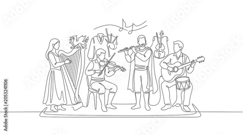 Canvastavla Continuous line drawing of a folk music band playing traditional instruments